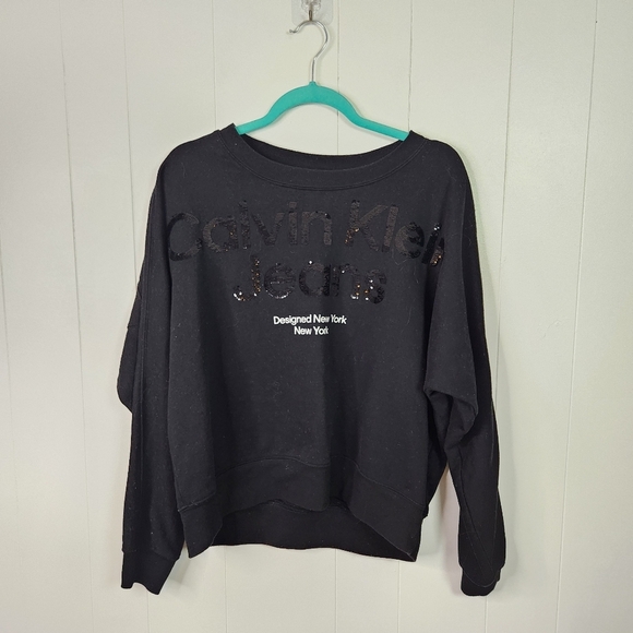 Calvin Klein Black Sequins Sweatshirt Logo Womens Size Medium Loungewear 90s - Picture 1 of 10